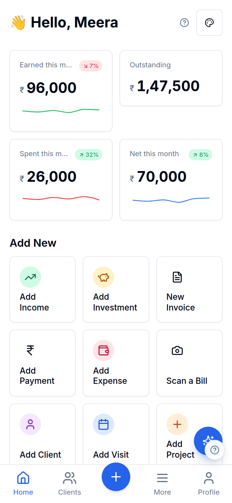 Finocket dashboard with monthly earnings, spend and outstanding