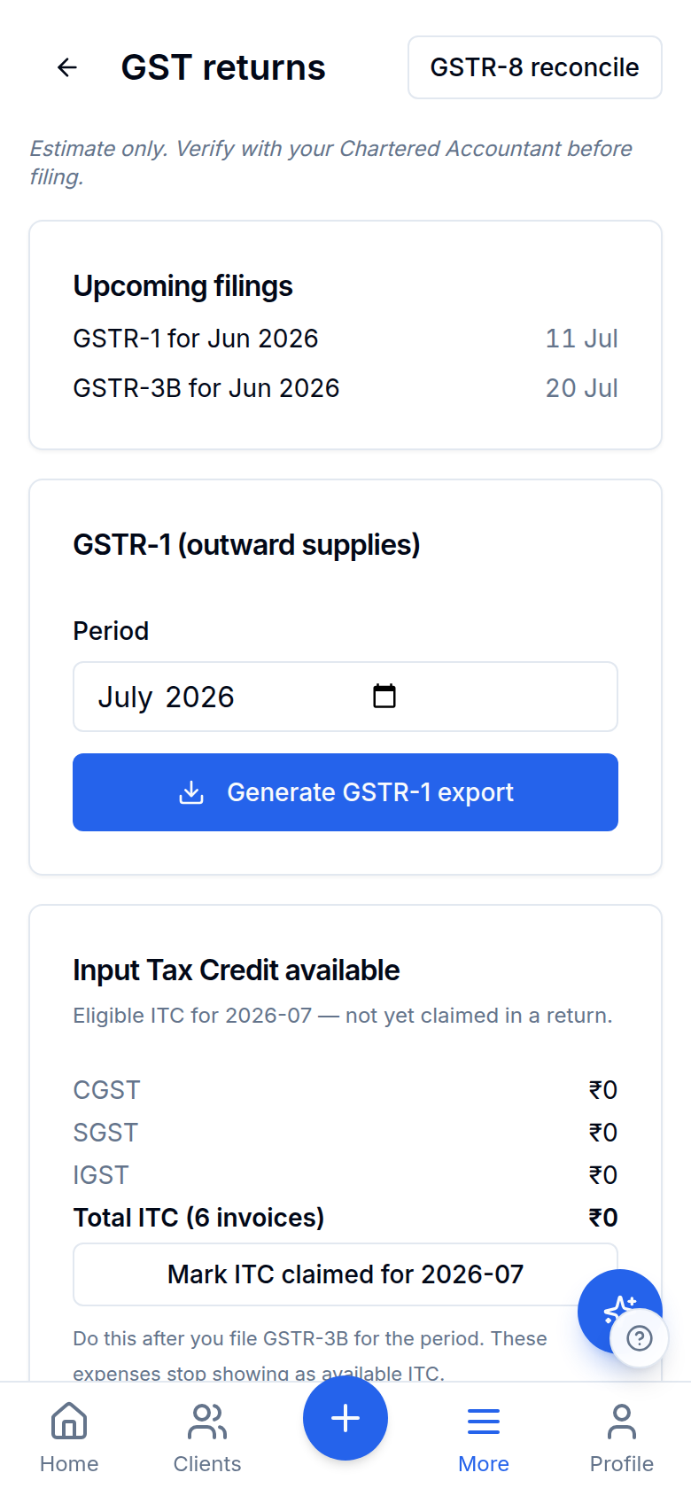 GST returns screen with upcoming filings and one-tap GSTR-1 export