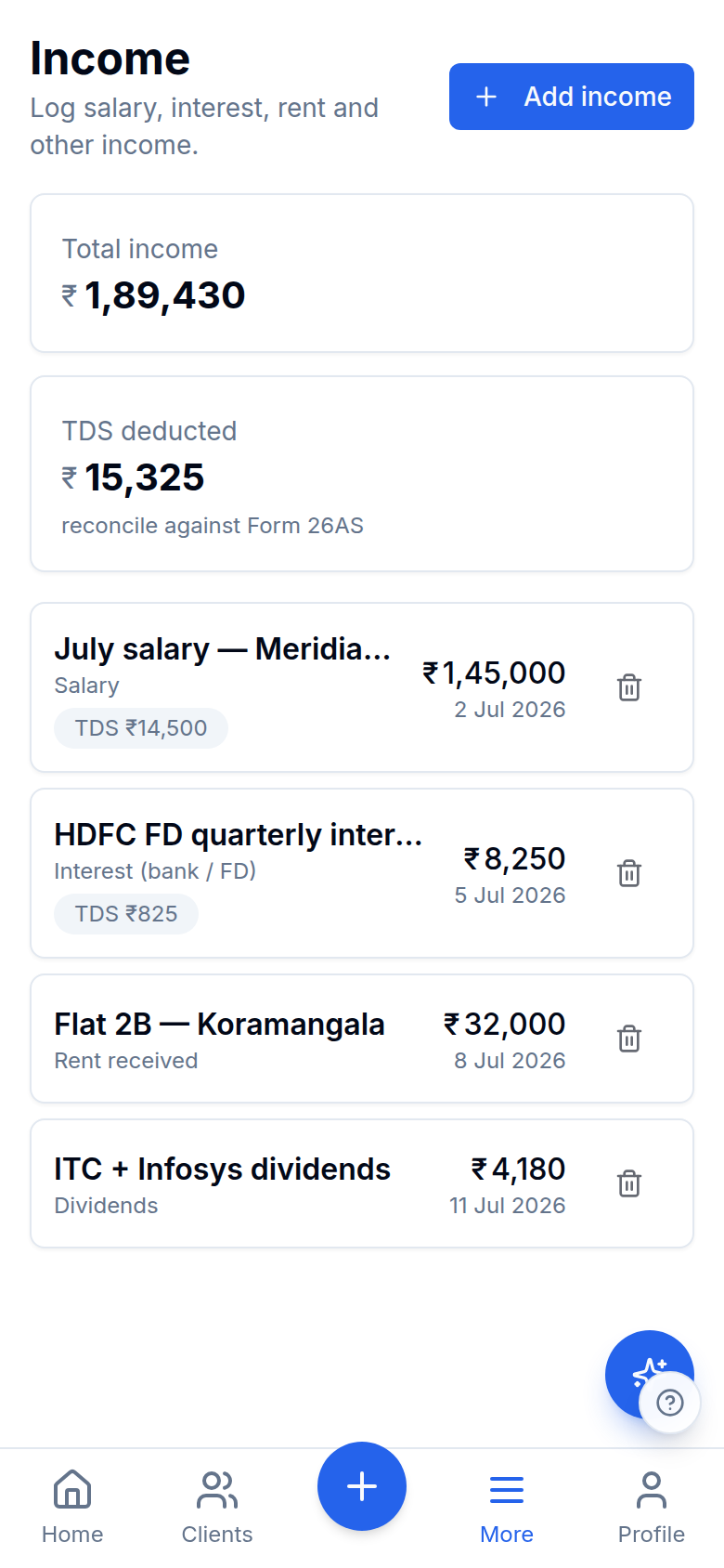 Income screen logging salary, interest, rent and dividends with TDS