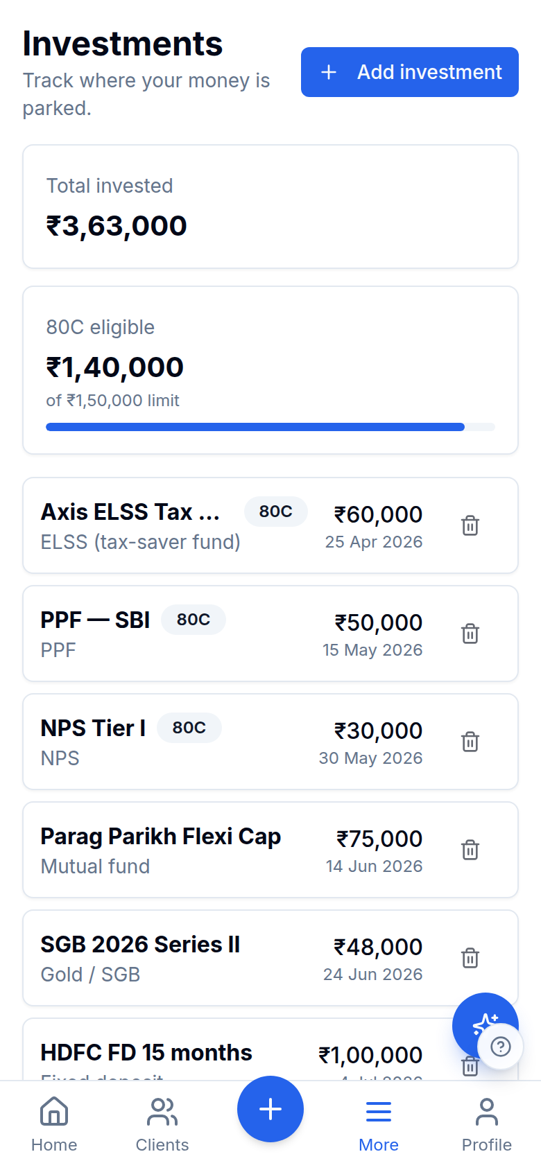 Investments screen with ELSS, PPF, NPS, mutual funds, gold and FD holdings
