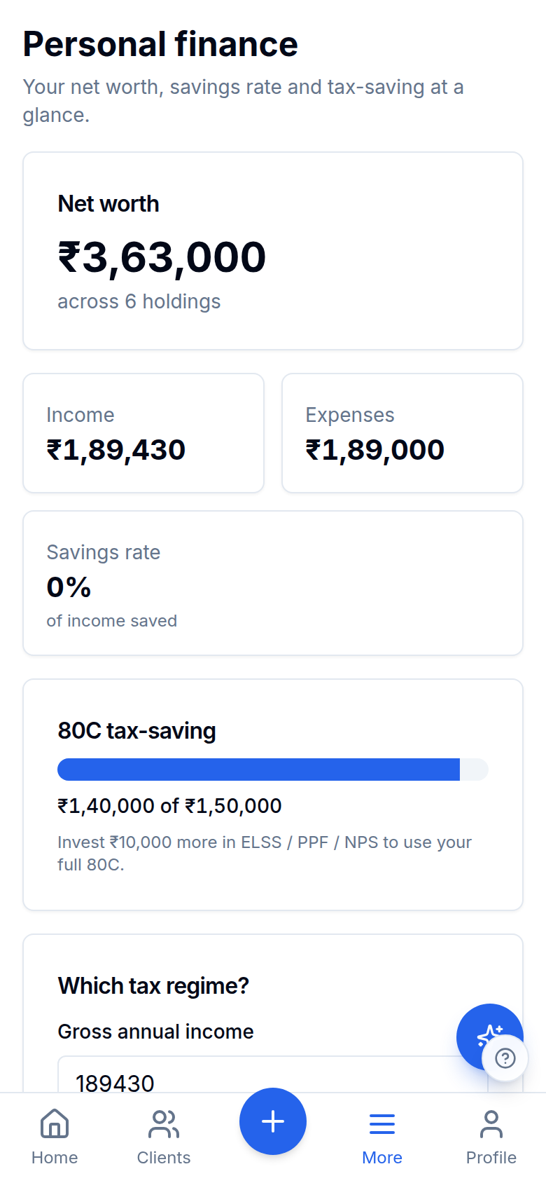 Personal report with net worth, savings rate and 80C progress